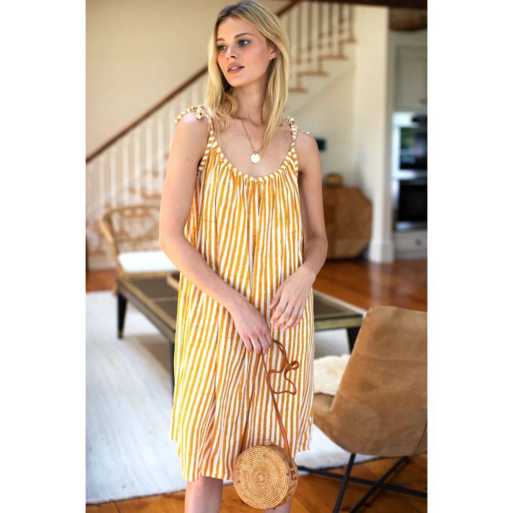 EMERSON FRY Curation Marigold Yellow White Striped Shift Dress Medium / Large